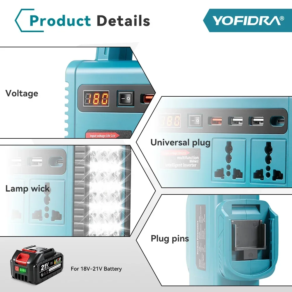 YOFIDRA 350W Kabelloser Stromwandler DC 18V-21V zu AC 220V Lithium-Batterie-Wechselrichter mit Dual-USB-Ladeanschluss für Makita-Akkus – Detail 7
