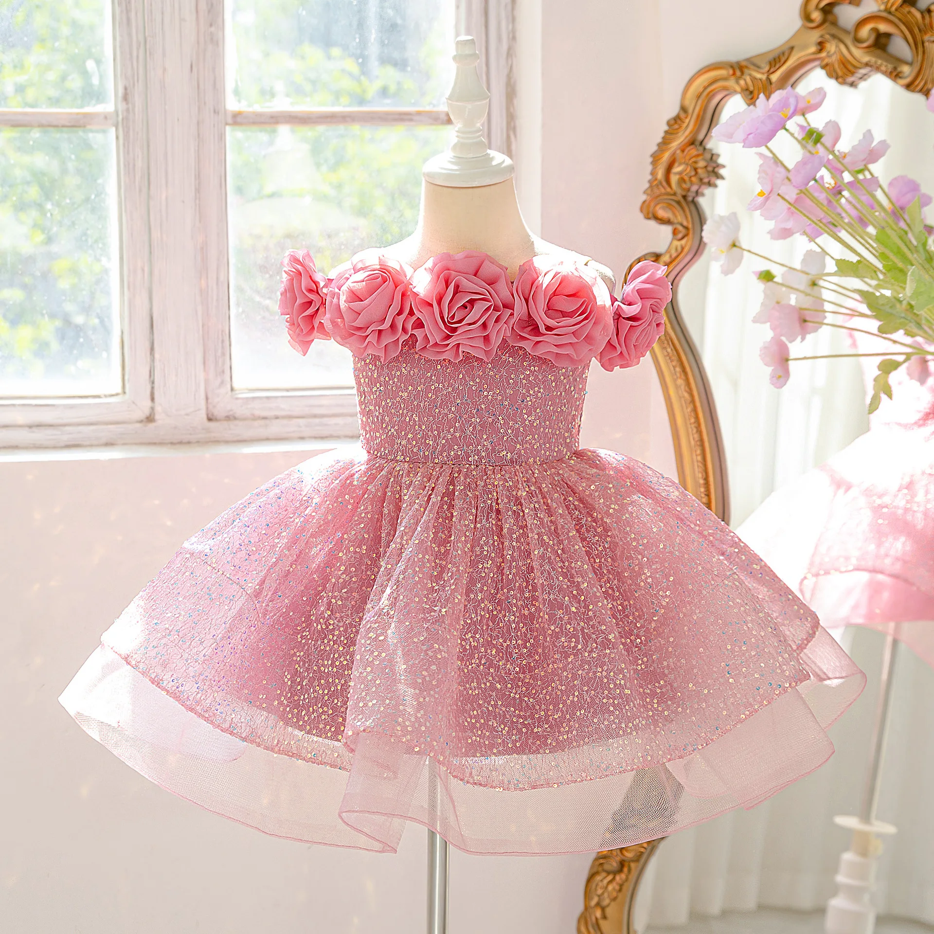 RAISE Summer Kids Girls Princess Dress Rose 3D Children Girl Shiny Dress Girl Party Bubble Dresses Evening Dress Belle Ball Gown