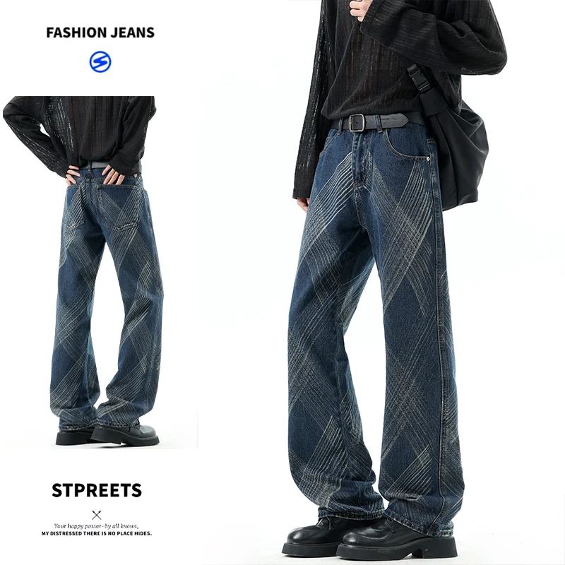 

Men's American Vintage Diagonal Check Jeans Washed Loose Straight High Street Spring Denim Trousers
