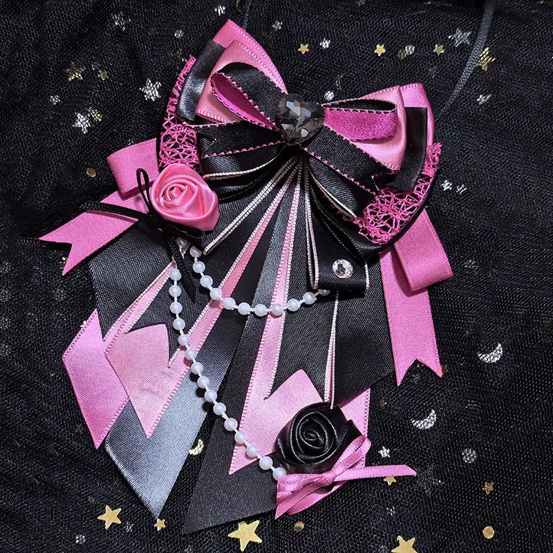 Handmade Ribbon Bows Tie Cosplay Anime Support Sticks Bow High-end Luxury Rhinestone Brooch Original Women's Shirt Collar Flower