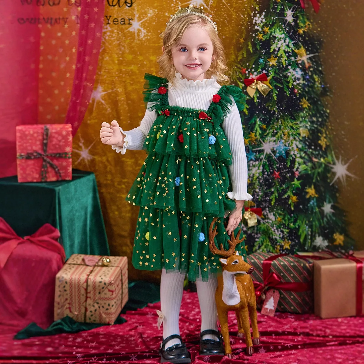 

2025 Little Girl Christmas Dress Star Print Square Neck Sleeveless Layered Tulle Dress 1st Birthday Festive Dress For Girl
