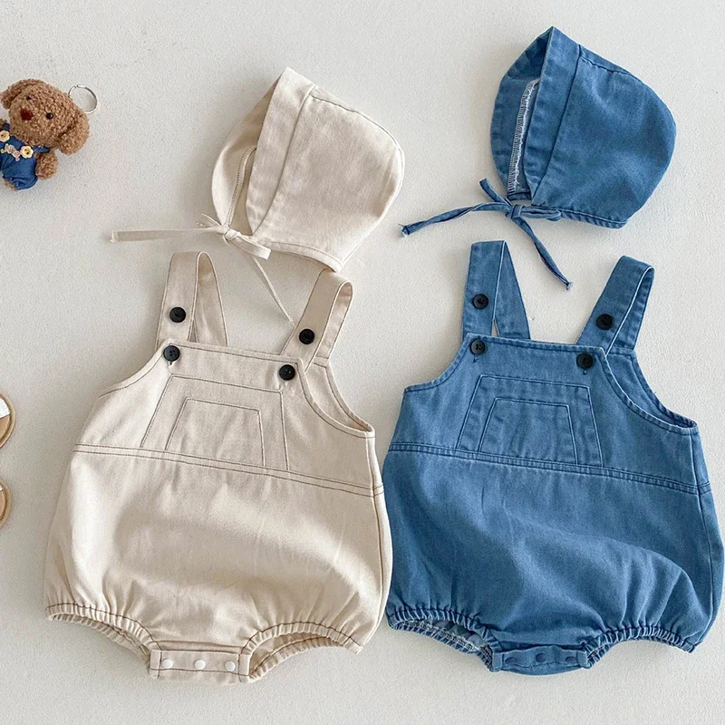 2025 New Summer Toddler Baby Girls Jumpsuit+Hat Sleeveless Solid Color Denim Infant Baby Girls Bodysuits 0-24M Children Clothes