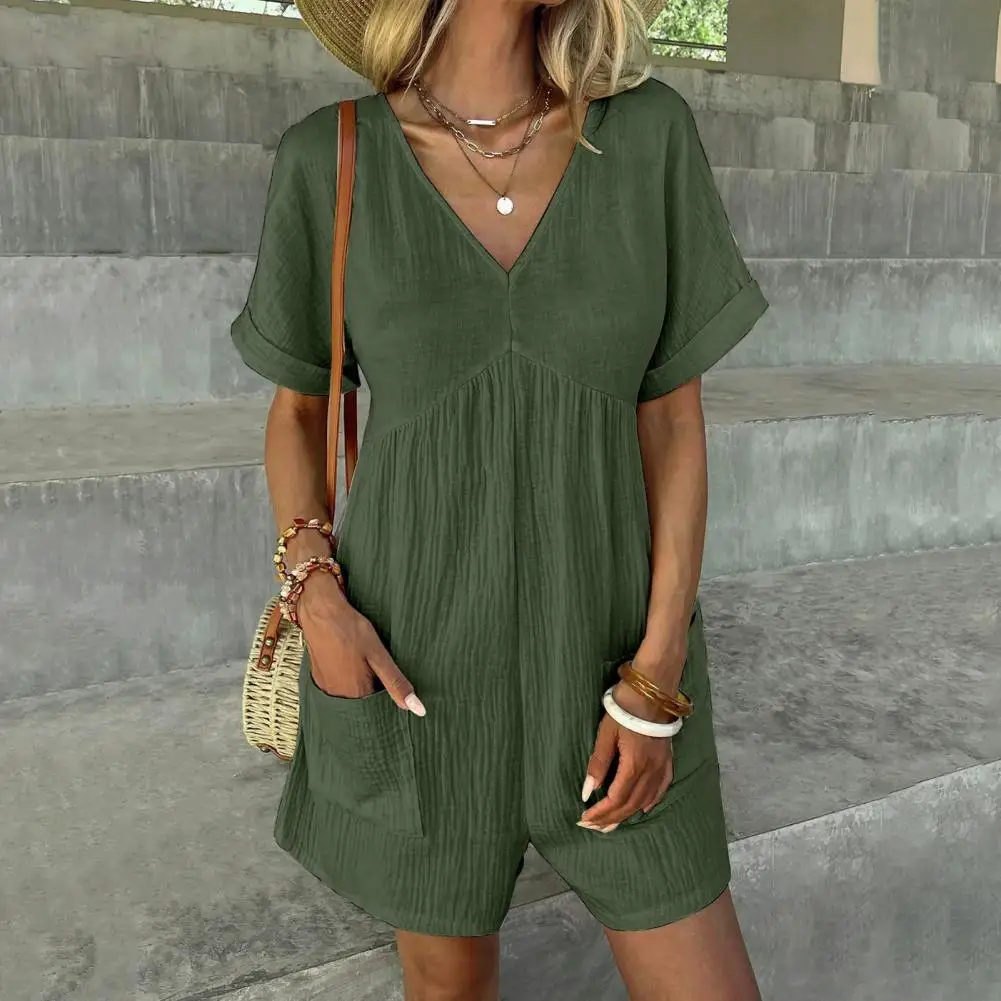 Pleated Romper Stylish Summer Women's Romper with V Neck Bat Sleeves Patchwork Pockets Casual Beachwear for A Chic Look Beach