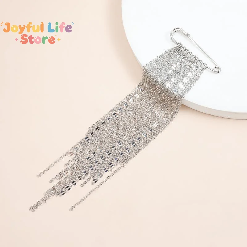 Hot Fashion Exaggerated Metal Chain Tassel Chain Pin Brooch For Women Hot Cool Suit Shirt Charm Fixed Needle Accessories Jewelry