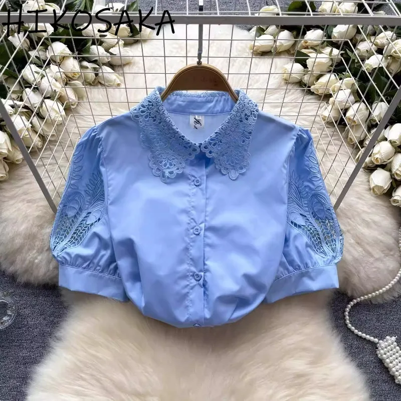 

Lace Hook Flower Hollow Out Short Sleeve Lapel Shirts Simple Elegant Solid Single Breasted Blouse Women Summer All-match Blusas