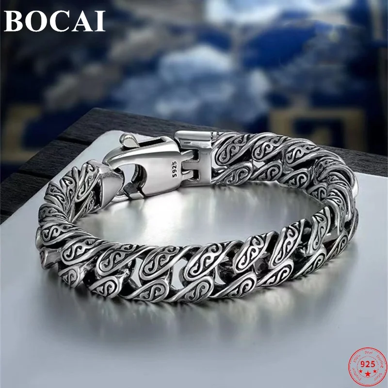 Genuine BOCAI S925 Sterling Silver Bracelets for Men Women New Fashion Eternal Vine Pattern Wide Cuban Link Chain Punk Jewelry