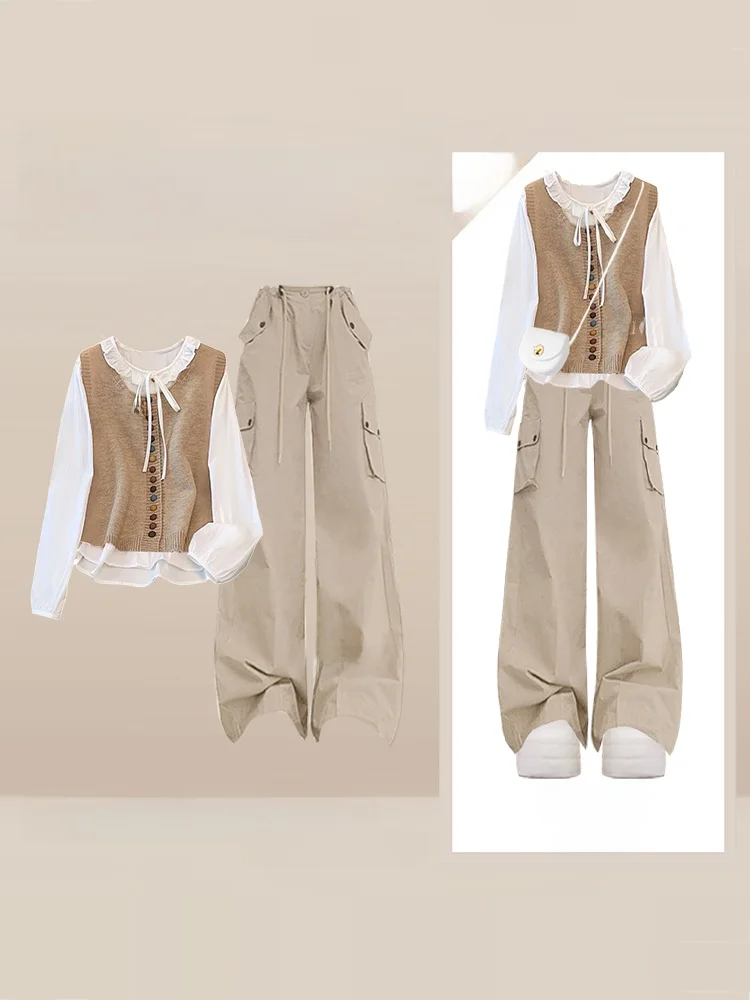 

Осень-зима, женские трикотажные брюки и широкие брюки, цветная рабочая одежда, комплект из двух предметов, длинный воротник свека, повседневная одежда...