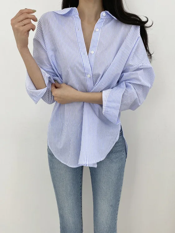 시크한 초가을 루즈핏 긴팔 셔츠 여성용 더블 칼라 컬러 블록 스트라이프 디자인 앞뒤 단추