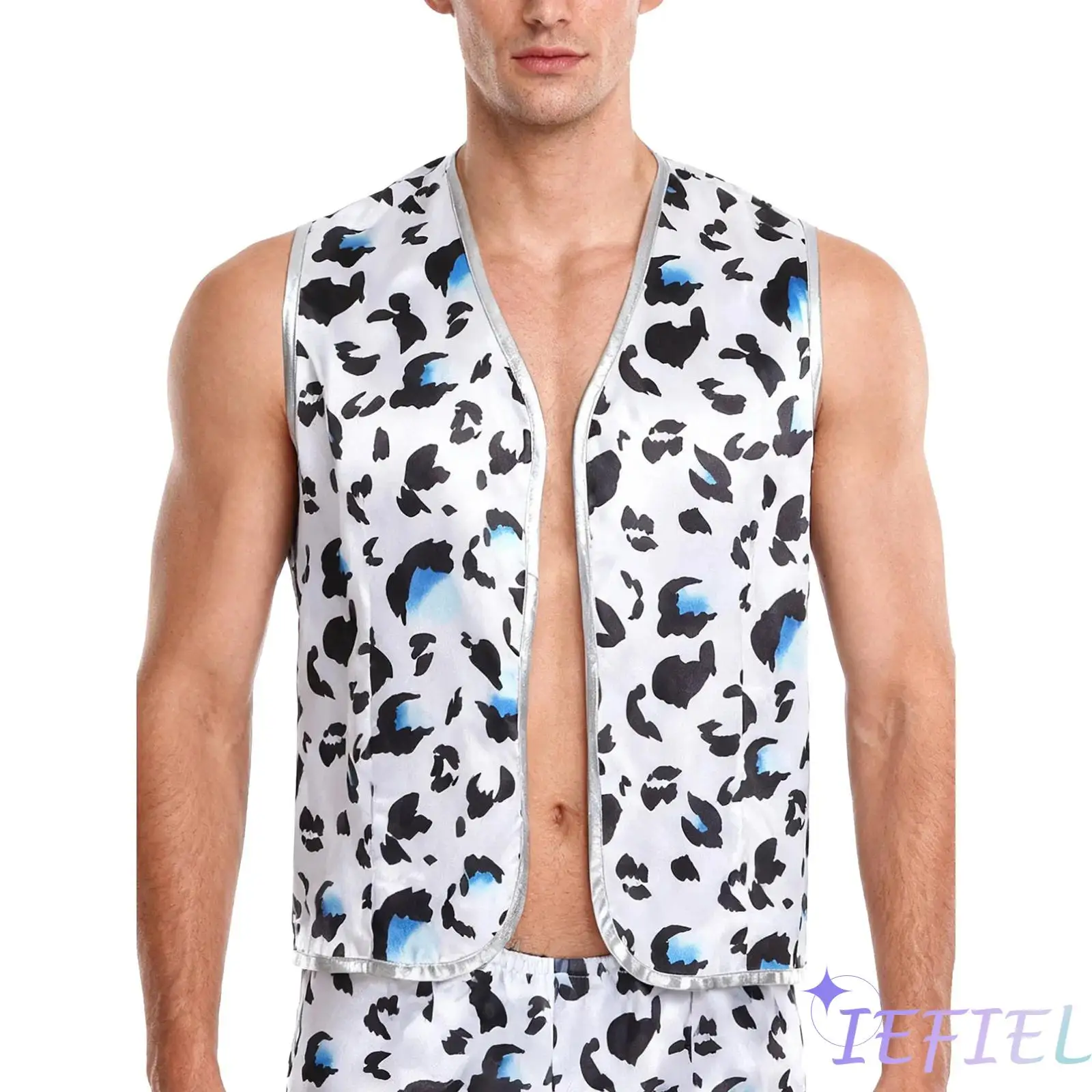 

Men Stylish Leopard Print Vest Cowboy Cosplay Costume Sleeveless Metallic Trim Open Front Waistcoat for Holiday Party Wear