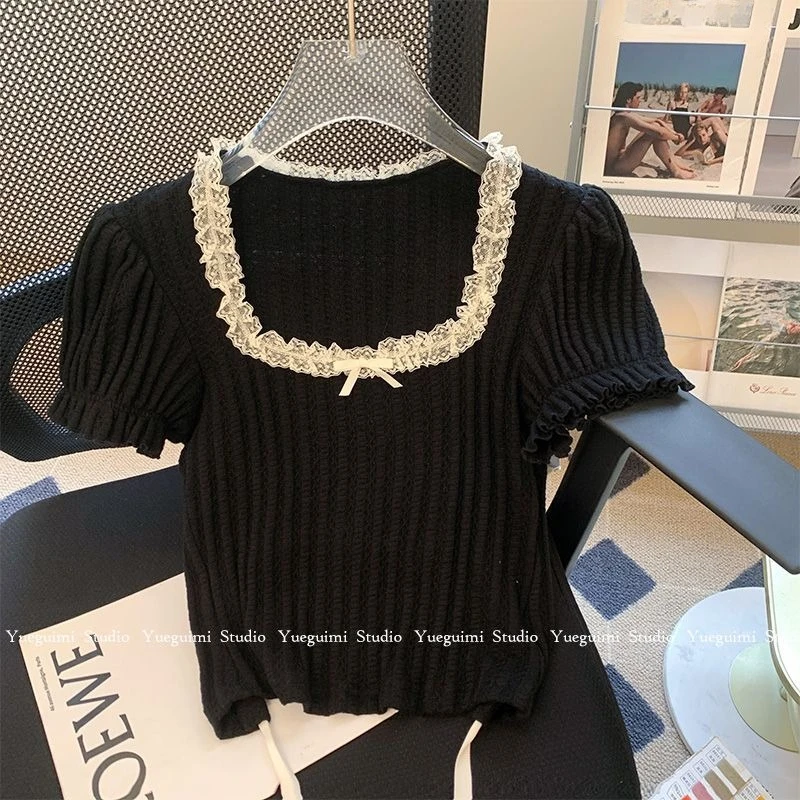 Black Square Neck Short Sleeved T-shirts Women Clothing Crop Top Ropa Mujer Camisetas Summer Tee Knitwear Graphic T Shirts