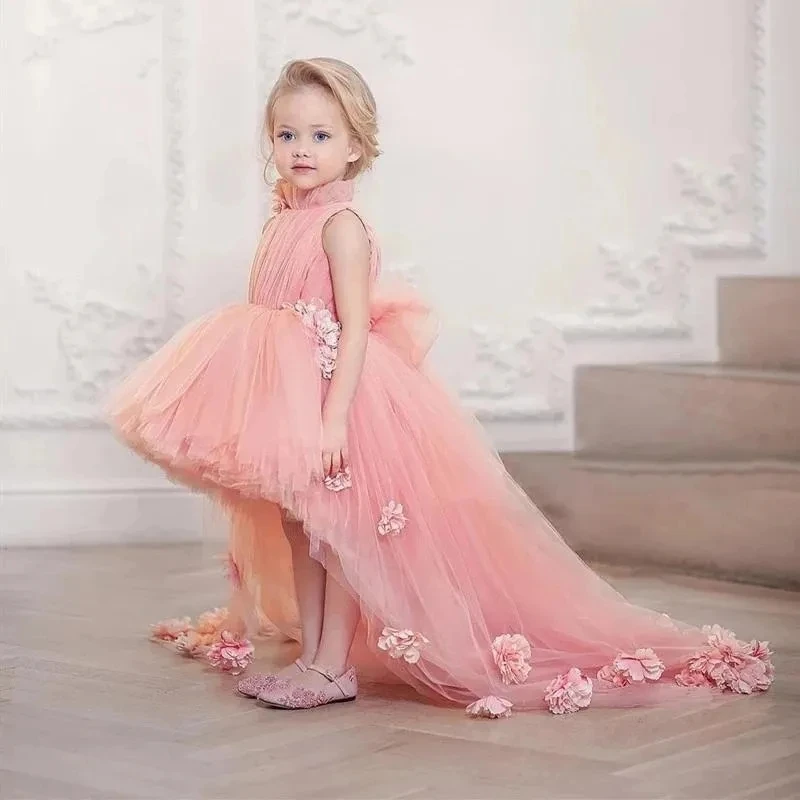 

New Pink Fashion Toddler Princess Flower Girl Dresses Bow Pleat Communion Birthday Pageant Robe Gowns