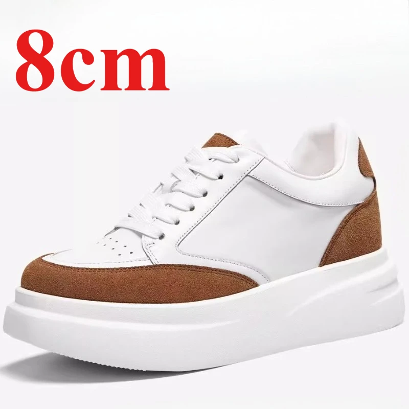

European/American Fashion Casual Heightening Shoes for Women's 8cm Genuine Leather Comfortable Lightweight White Elevator Shoes