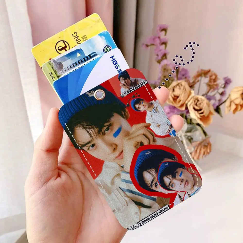 Cha EunWoo Poster PU Soft Leather Rectangular Key Card Holder Induction Elevator Protection Cover Youth Faion Accory