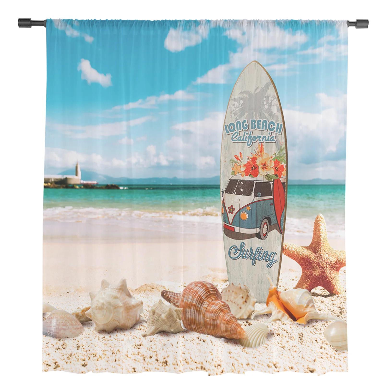 Surfboard Beach Starfish Shell Sheer Curtains for Living Room Decoration Window Curtains Kitchen Tulle Voile Organza Curtains