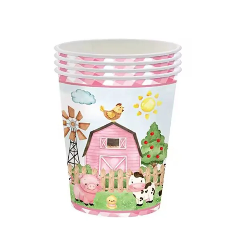 Neues Rosa Bauernhof-Tier Themen-Einweggeschirr, Pappbecher, Teller, Servietten, Tischdecken, Kindergeburtstags-Partyzubehör – Detail 2