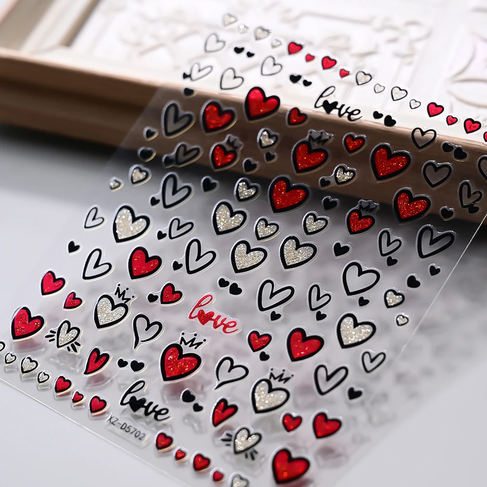 6pcs Black Love  Nail Art Decals Cute Y2k Glitter Red Heart Bowtie Nail Stickers 8*10cm Adhesive Kawaii Love Hear Nail Art Suppl