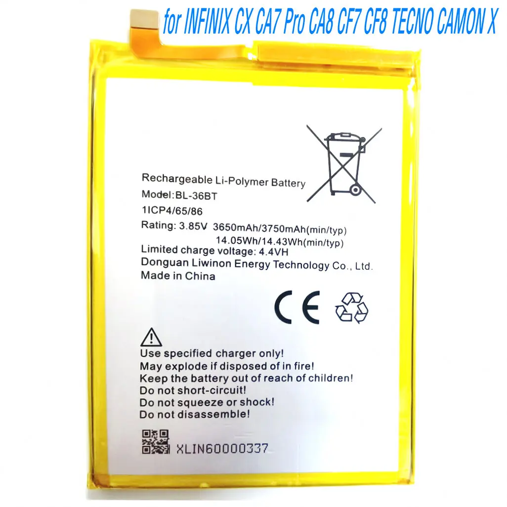 

3,85 В 14,43 Втч BL-36BT Сменный литий-ионный полимерный аккумулятор для мобильного телефона INFINIX CX CA7 Pro CA8 CF7 CF8 TECNO CAMON X