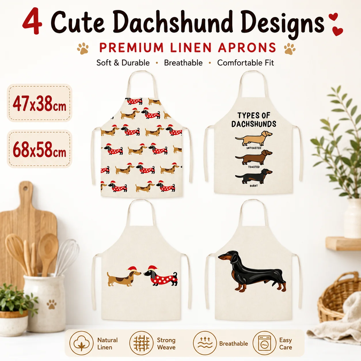 

Funny Types of Dachshunds Print Linen Apron Sleeveless Kitchen Cooking Pinafore for Men Women Cute Sausage Dog Baking Bib