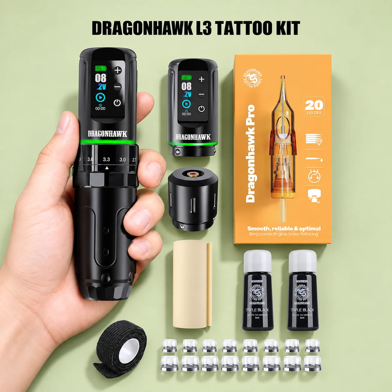 Dragonhawk L3 Wireless Tattoo Machine 7 Strokes Ultra Lightweight 222g with Dual 2000mAh Batteries for Lining Shading Coloring