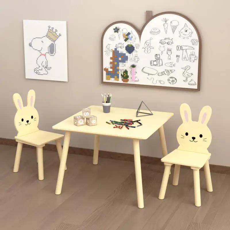 Kids Table & Chair Set with 2 Bunny Chairs, Wooden Activity Table for Toddlers, Cute Animal Design Play & Study Set for