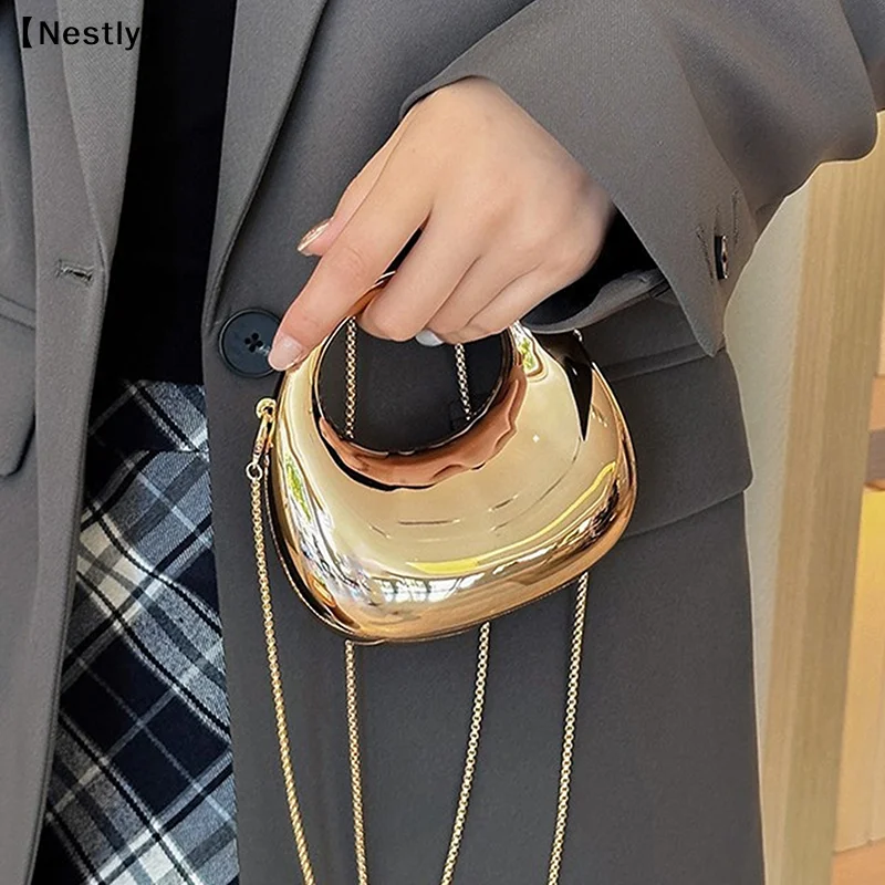 Damen-Umhängetasche mit Kette, kleine Geldbörse, Acryl, metallischer Glanz, Halbmond-Form, Party- und Bankett-Damentasche, luxuriöse Handtasche〔Nest〕 – Detail 5