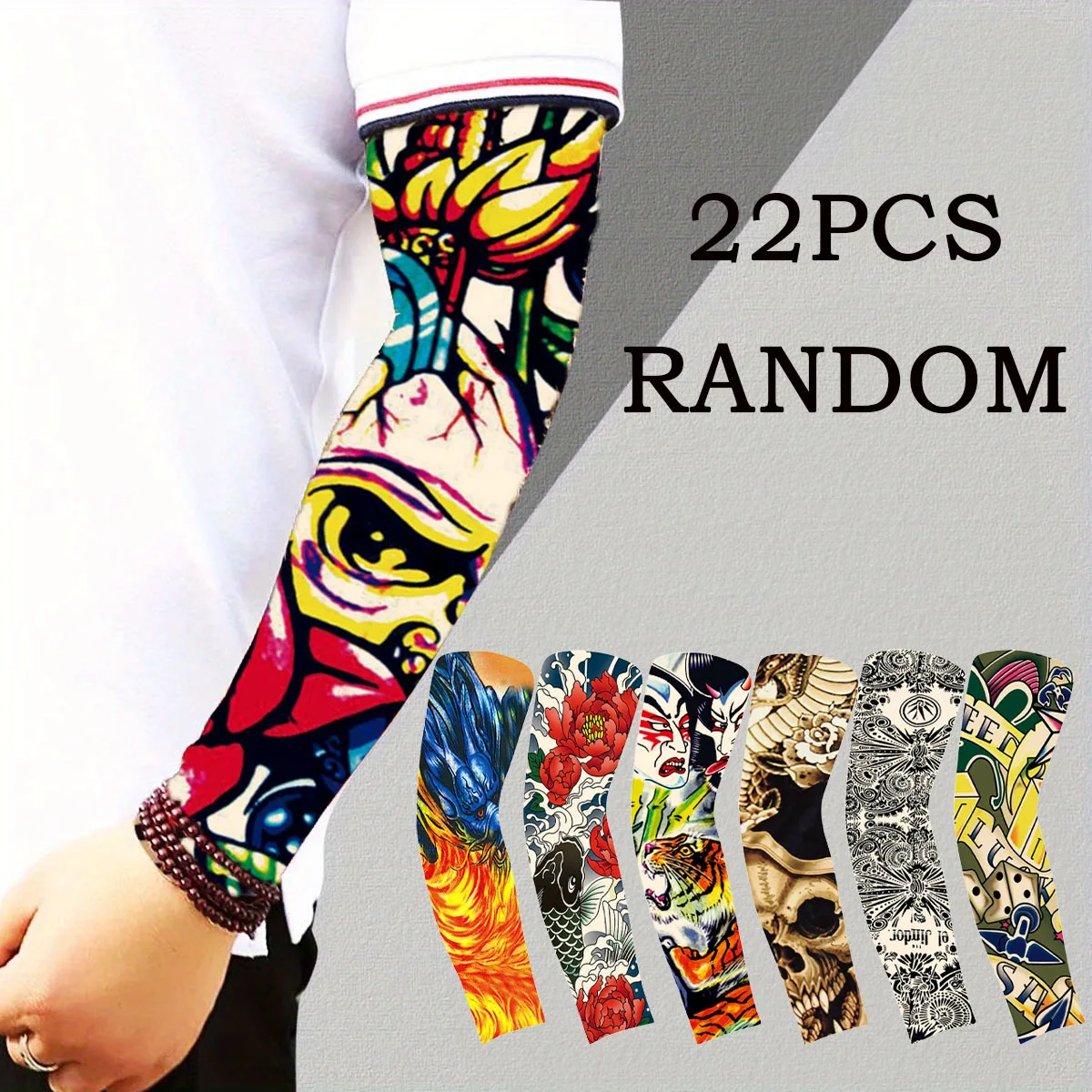 22 pièces unique couleurs aléatoires paquet unique pas de gauche et droite impression de faux tatouage aléatoire différentes couleurs mode quotidienne haute qualité élastique 8% spandex tissu faux fleur bras imprimer Art cool glace soie bras