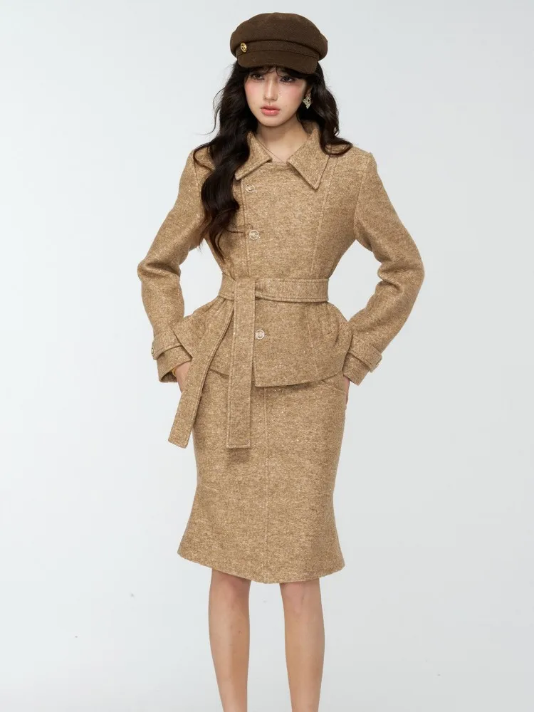 Elegant Lady Single Breasted Turndown Collar Sashes Tweed Jacket Wrap Skirt Two Piece Set Women Outfits Office Long Sleeves Suit