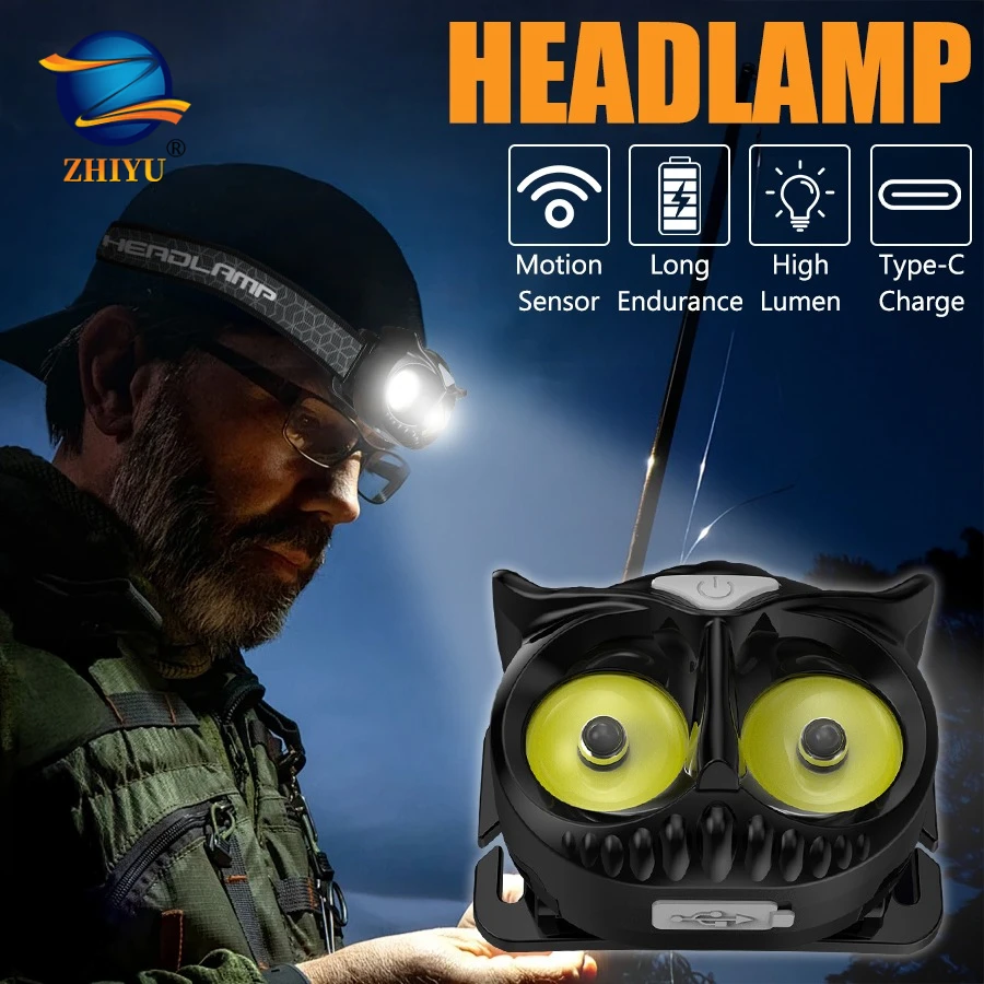 Mini Owl COB Floodlight Headlamp USB Rechargeable Headlight Portable Magnetic Work Light Outdoor Hook Camping Tent Lantern