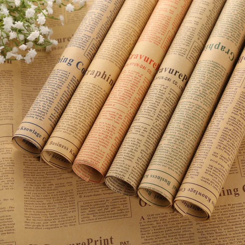 Vintage Kraft Retro English Newspaper Double sided Flowers Gift Wrapping Paper DIY Artware Package Book Cover Wrap Packing 52x75