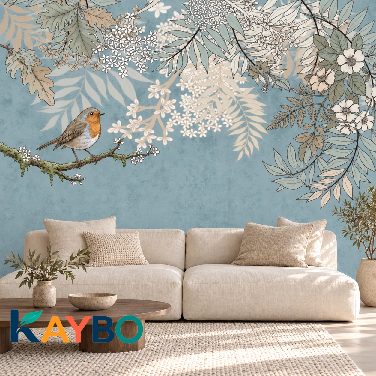 Botanical Wallpaper Mural Dusty Blue Floral Branches and Robin Bird Non Self Adhesive Vintage Wall Decor for Bedroom Living Room