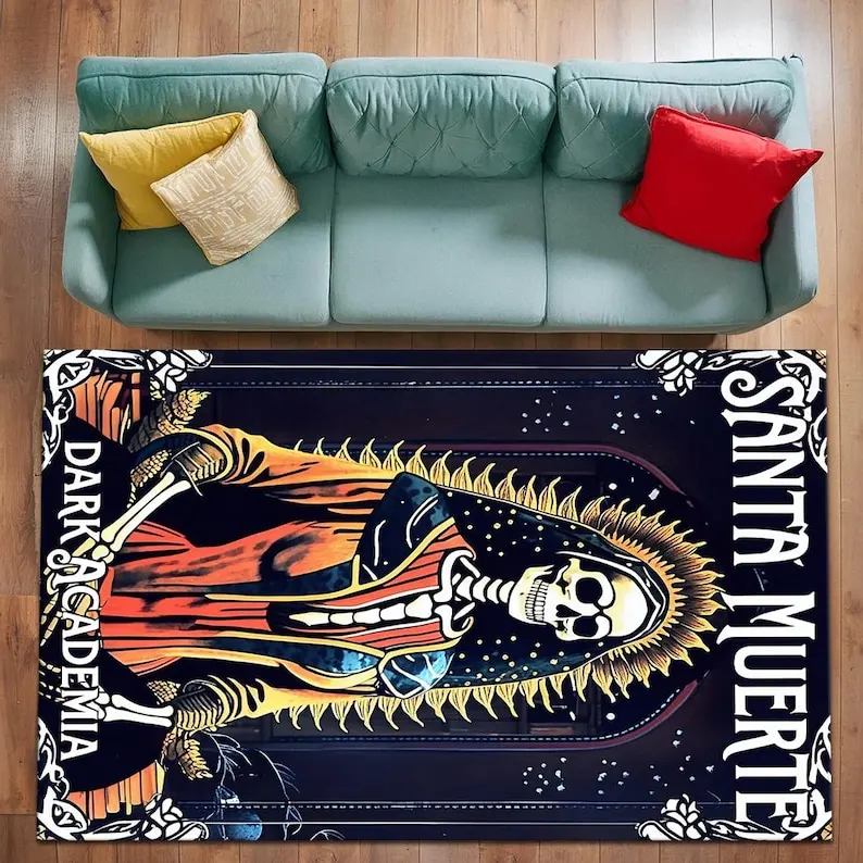 Santa Muerte Gothic Skull Rug, Dark Academia Horror Decor Carpet, Non-Slip Washable Floor Mat for Occult Altar Halloween Party