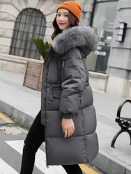 Winter Women's Solid Big Fur Collar Thickened Hooded Coats Female Cotton Padded Jacket Mid Length Warm Fashion Parkes Outwear