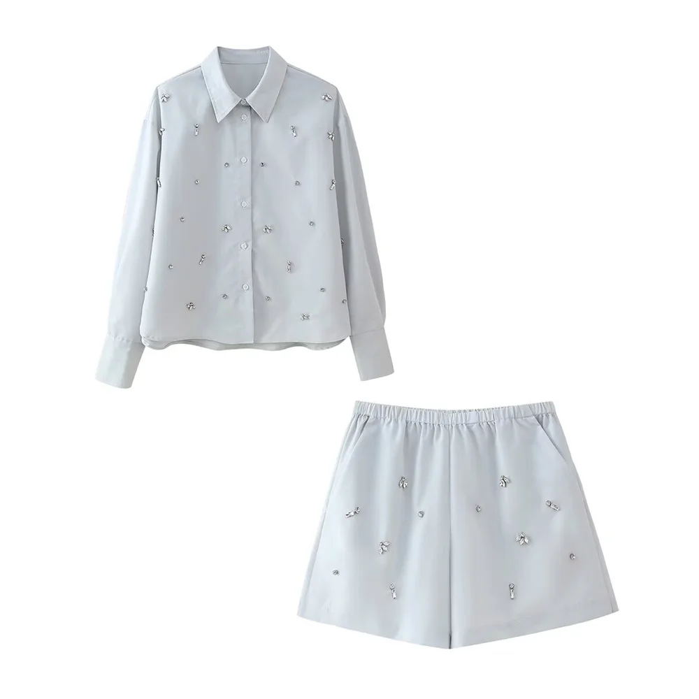 PB&ZA 2024 Early Autumn New Women\'s Fashion Lapel Long Sleeve Handmade Diamond Shirt Straight Shorts Set