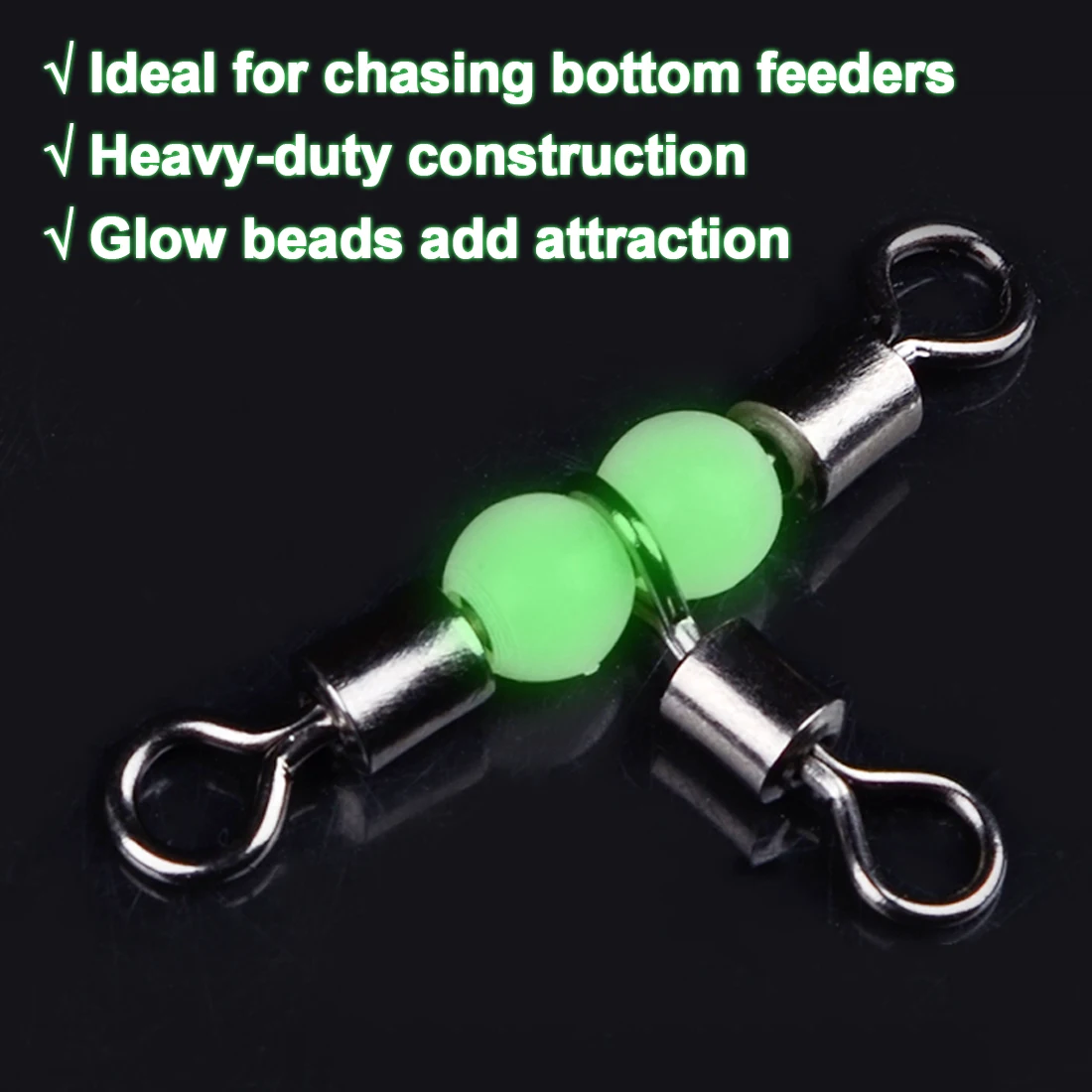 FishTrip Cross Line Swivel with Glow Beads Heavy-Duty Rolling T Swivel 3-way Rig Swivel Preventing Twists and Tangles