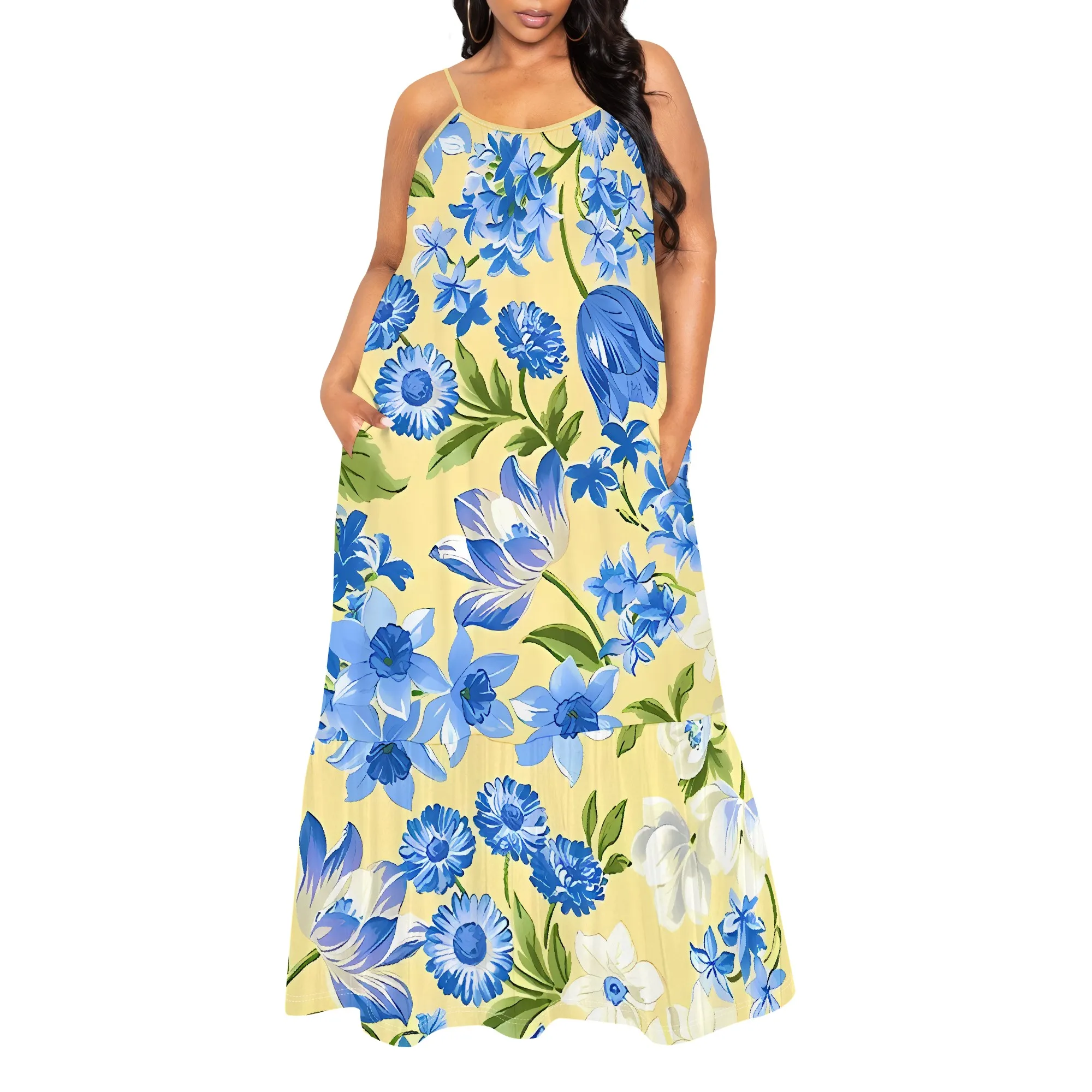 Nupusa ブルー花柄ドレス女性のための標準サイズ夏カジュアルスパゲッティストラップマキシドレス