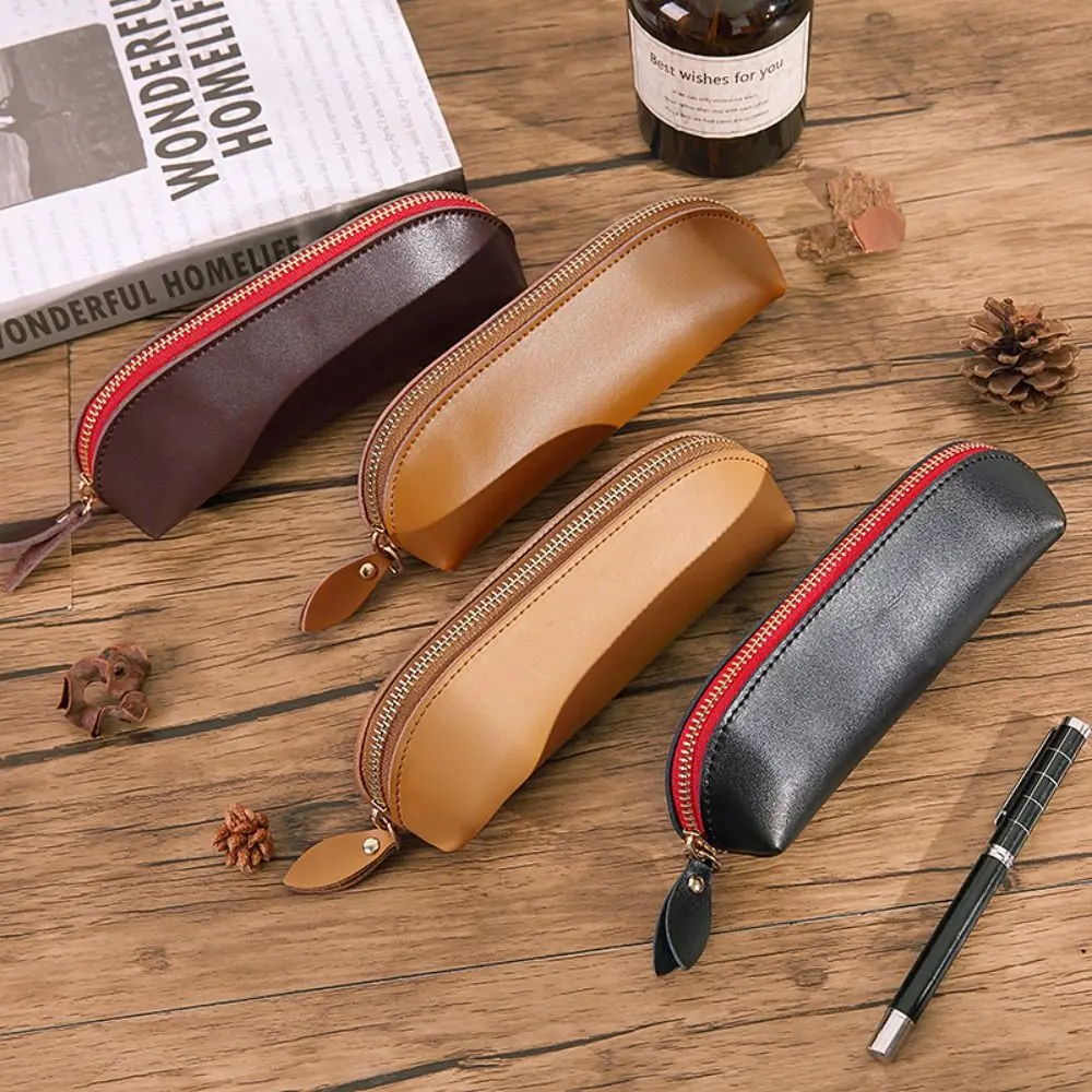 

Retro Cowhide Pencil Bag Durable Waterproof Zipper Pen Case Handmade Mini School Stationery Bag Stationery Storage Bag