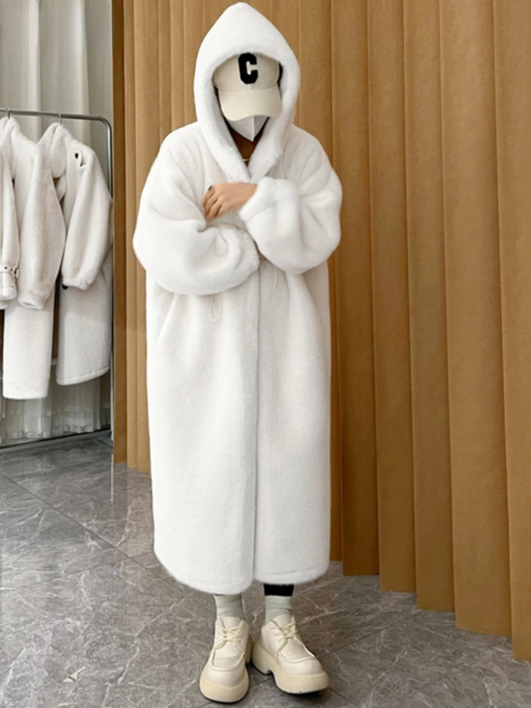 Winter Long Oversized Warm Thick Blue White Fluffy Faux Fur Coat Women with Hood 2022 Loose Casual Korean Style Fashion