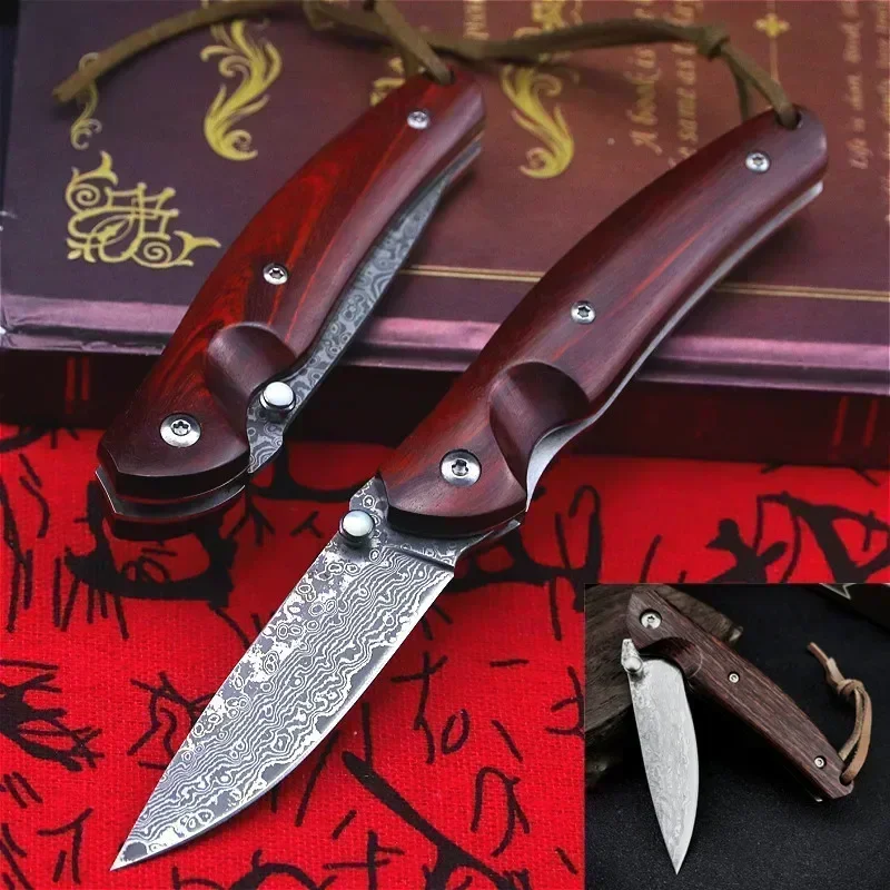 Hot Selling VG10 Damascus Steel Knife Folding Blade Pocket Knife Red Wood Handle Fishing Knives Self Defense EDC Utility Knife