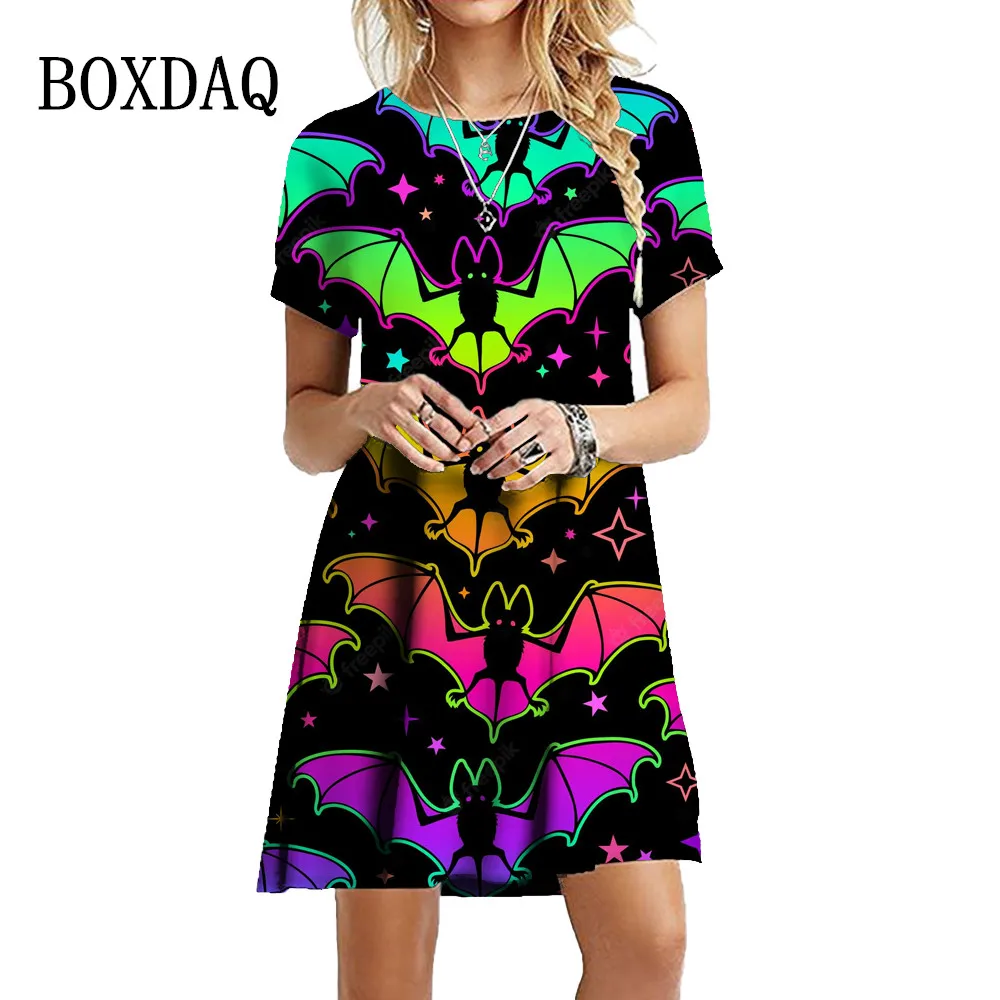 2022 Women Halloween Party Dresses Gradient Print Cartoon 3D Bat Dress Fashion Short Sleeve Cute Dress Casual Oversized Clothing