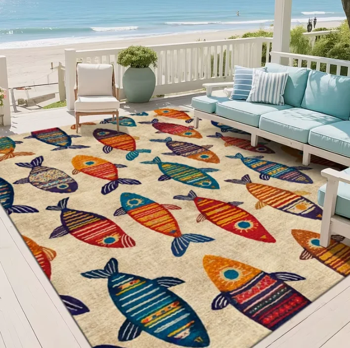 Colorful Fish Pattern  Bohemian Style Carpet, Foldable and Easy To Carry, Suitable Patios Living Rooms, Gardens, Swimming Pools