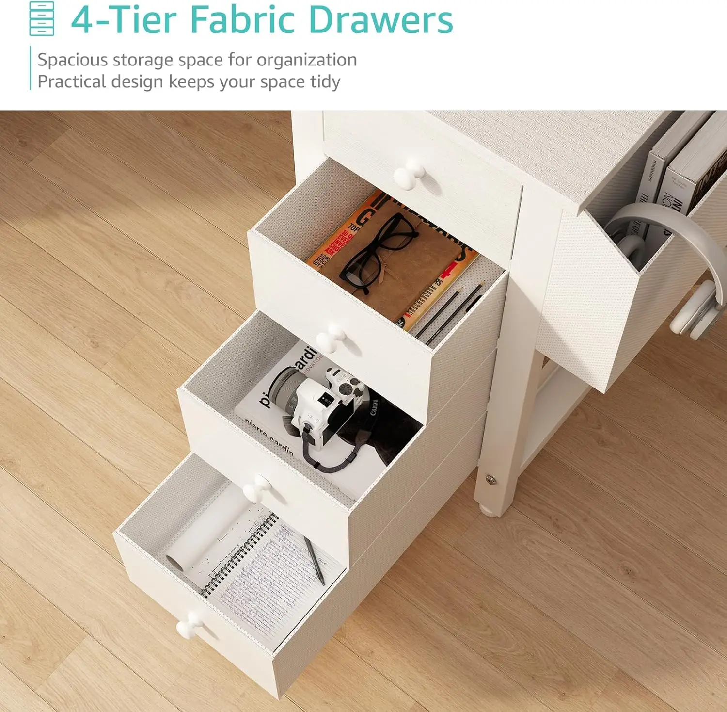 مكتب كمبيوتر أبيض على شكل حرف L مع أدراج وأرفف تخزين، مكتب قابل للعكس بزاوية 47 بوصة مع مخرج طاقة للمكتب المنزلي