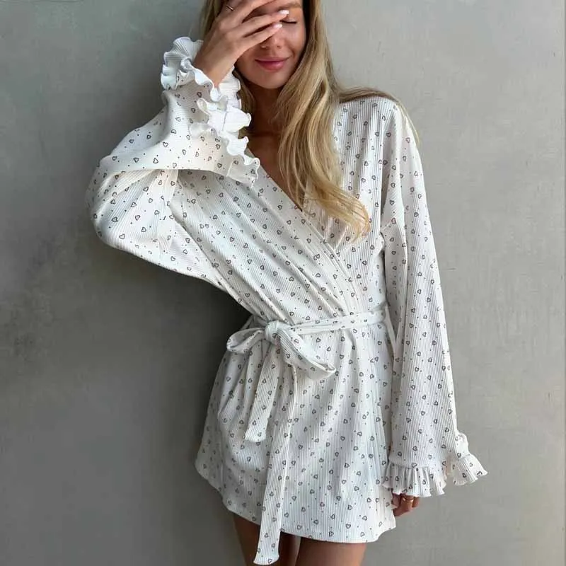 Women's Heart Print Ribbed Knit Robe, Ruffle Trim Wrap Front Belted Sleepwear, Cute Loungewear Kimono