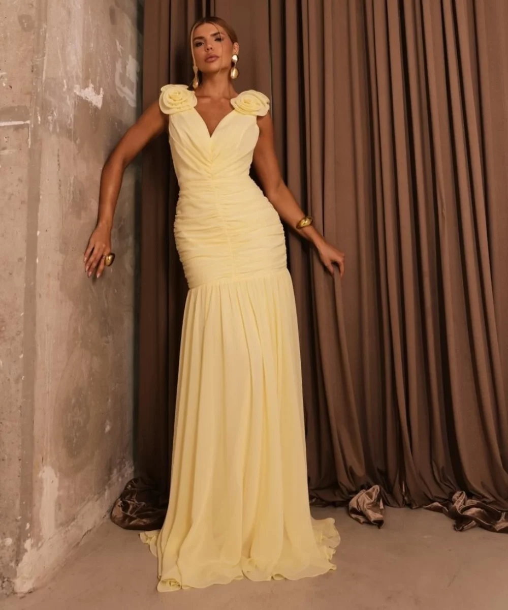 

Customized Exquisite Chiffon Flower Pattern Trumpet V-neck Long Bespoke Occasion Evening Dresses Sparkle