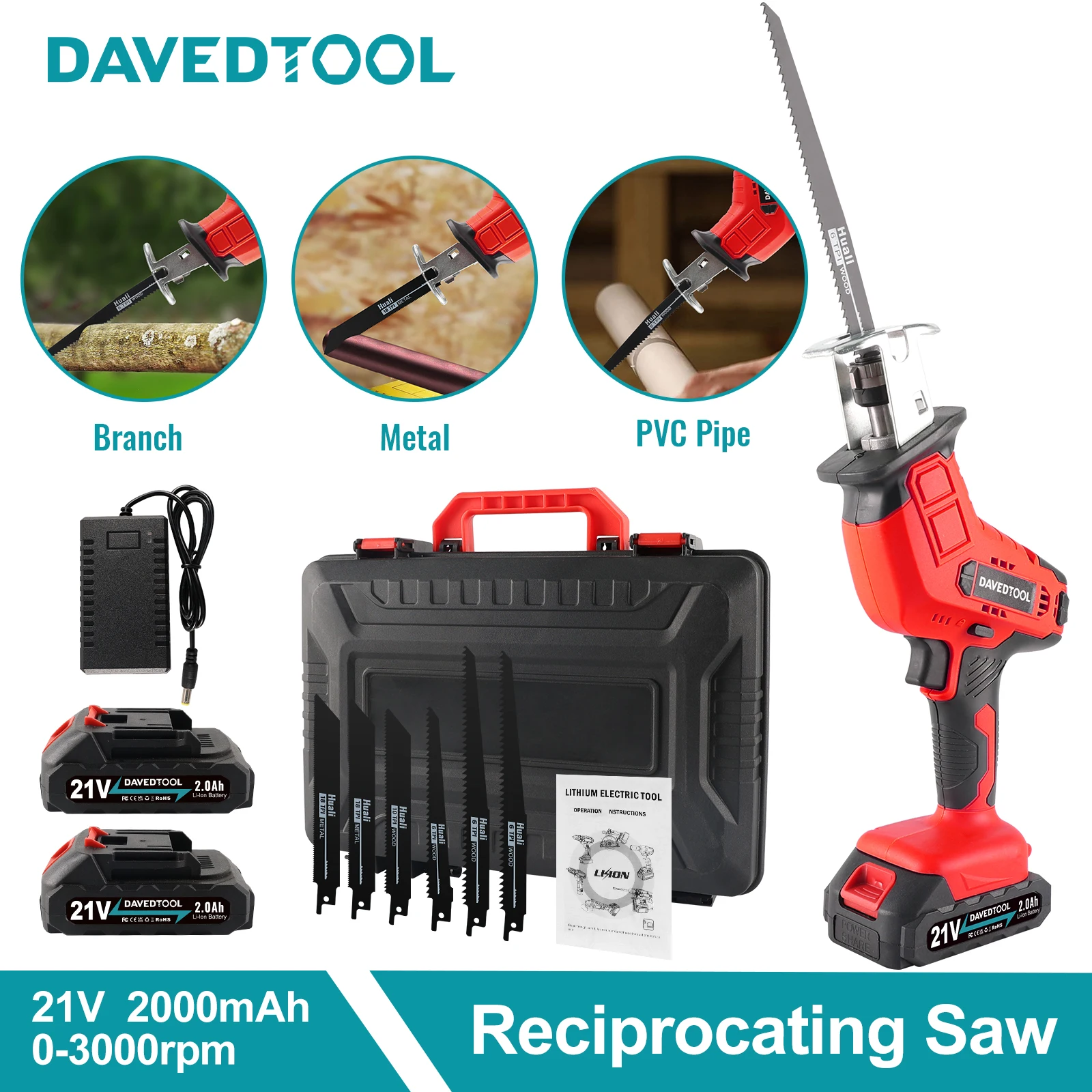 Davedtool 21V Cordless Reciprocating Saw with Variable Speed, Electric Saw for Wood & Metal, Includes 2 Batteries & 6 Blades