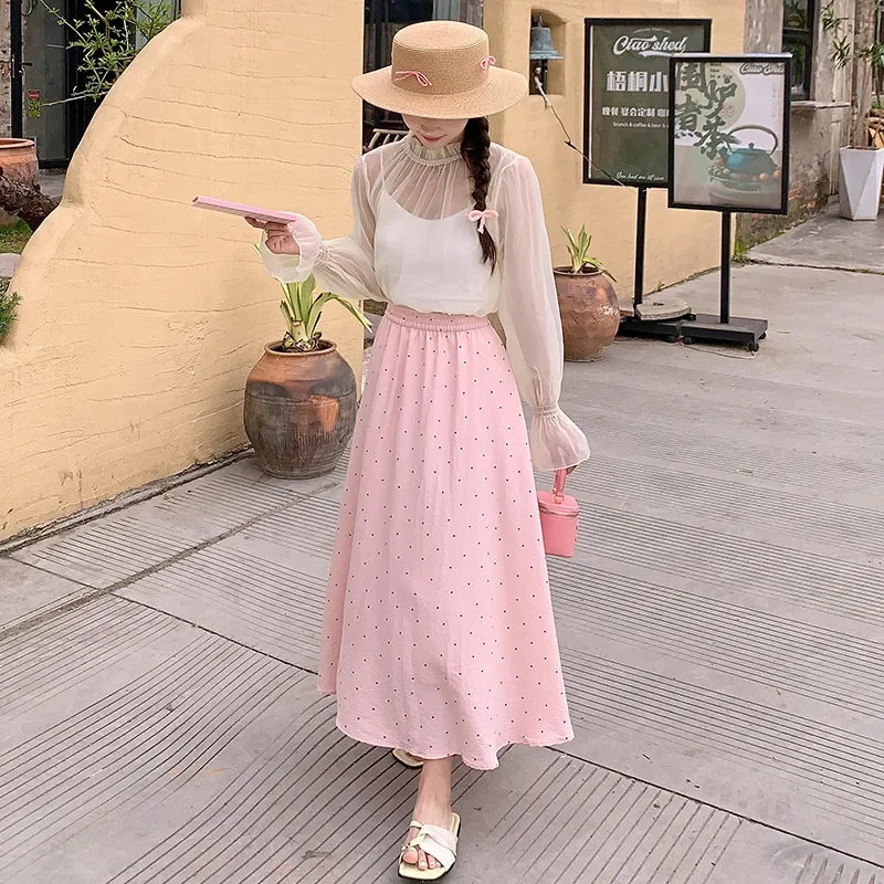 

White Polka Dot Printing Long Style Skirts for Women 2024 Large-sized Women's Clothing Summer High Waist Slimming A-line Skirt