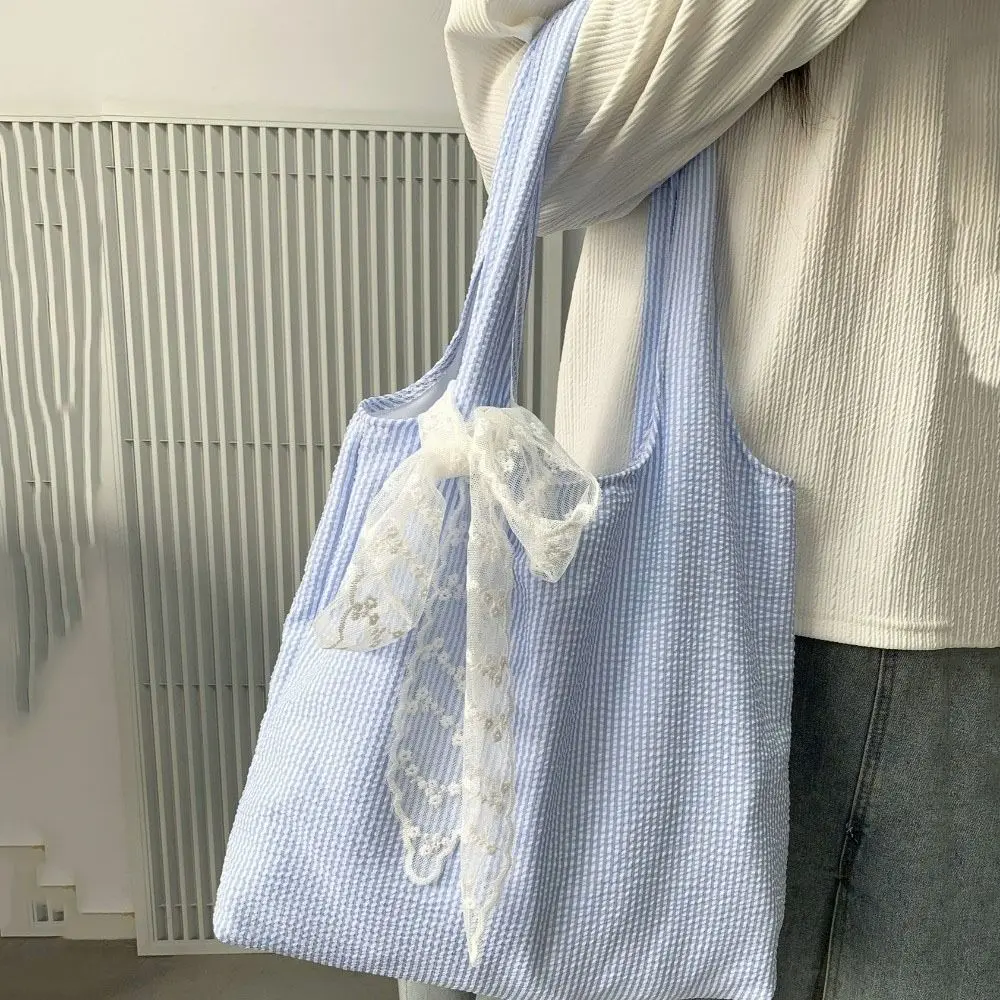 

Холщовая полосатая сумка на плечо с кружевной лентой Холщовая сумка-хобо в литературном стиле Корейский стиль Свежий цвет Большая вместительная сумка для подмышек