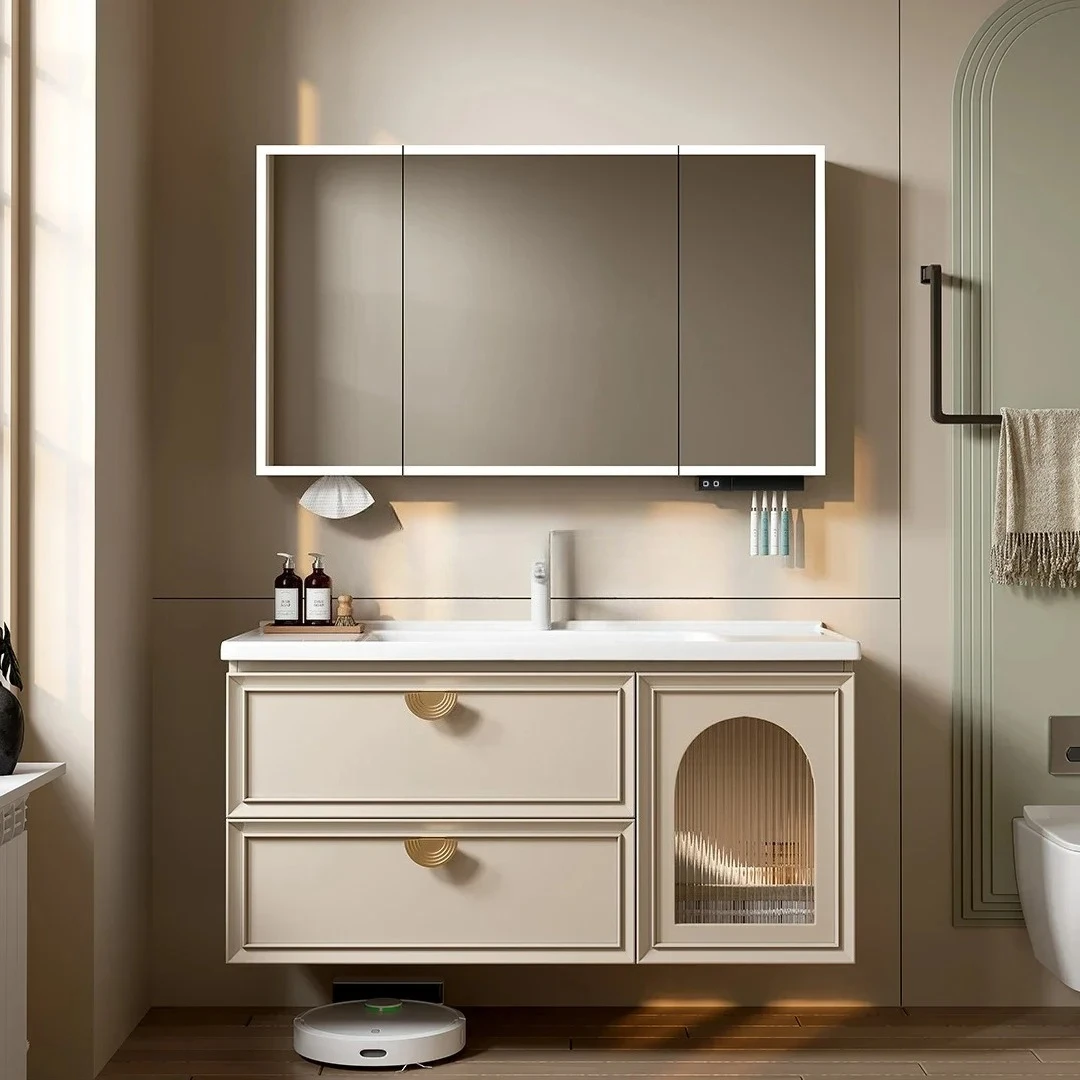 

new cream wind bathroom cabinet combination rock slab ceramic seamless basin washbasin bathroom cabinet washstand