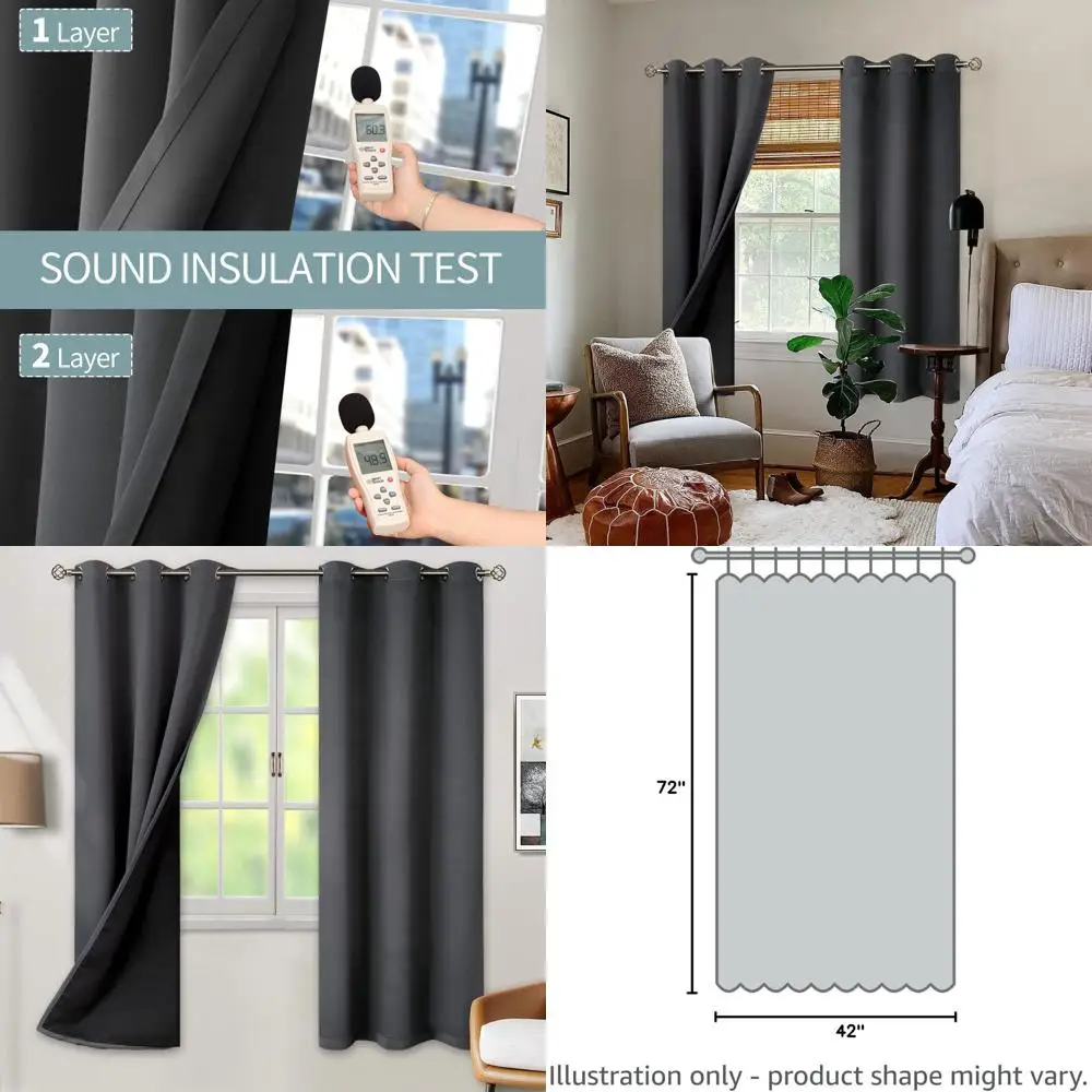 

Double Layer Blackout Curtains with Noise Reduction, 100% Thermal Insulated, 42x72 Dark Grey, 2 Panels