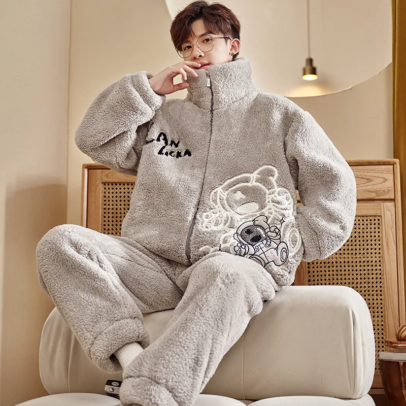 Autumn Winter Men's Coral Velvet Pajamas Set Thickening Fleece Plus Size Casual Homewear Male Comfortable Warm Loungewear