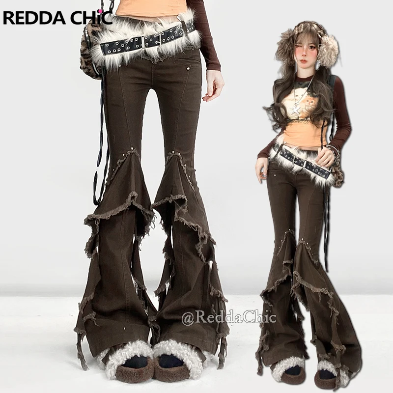 

REDDACHiC Western Flounce Cargo Jeans Punk Retro Rivets Stitch Raw Edge Ruffled Skinny High Waist Bootcut Pants Women Streetwear